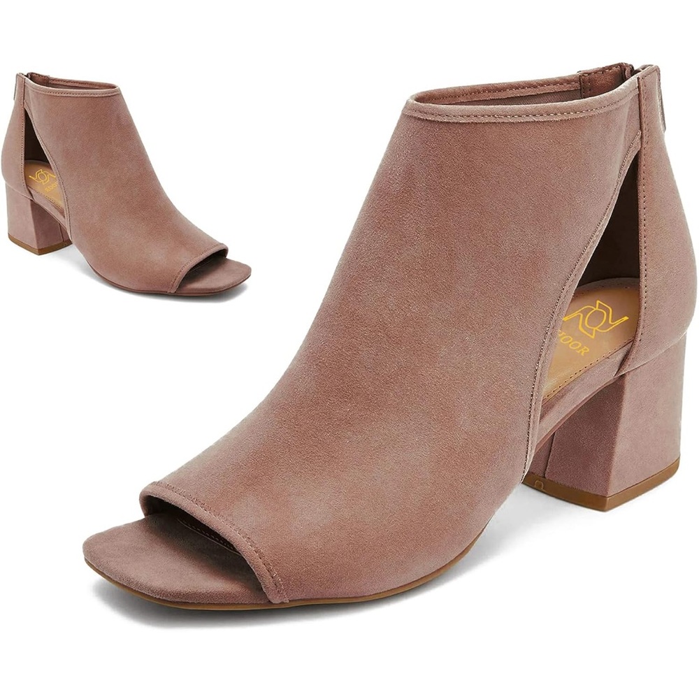 Chunky Heel Booties Suede Open Toe Side Cut-Out Ankle Back Zipper 2” Heel